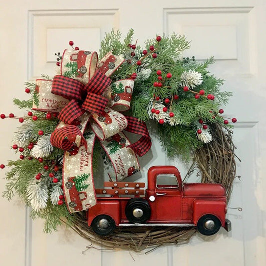Christmas New Red Truck Christmas Wreath Door Hanging Farmhouse House Number Christmas Decoration Truck Wreath